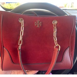 This is a beautiful suede leather with gold accents, Tory Burch, Crossbody